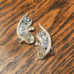 VTG 50s Reinas Rhinestone Climber Clio Earrings Blue Clear Silver Metal